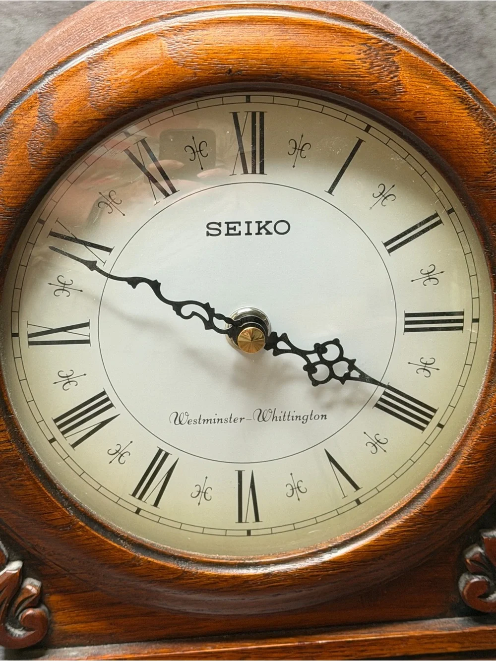 Seiko Brown Wood Carved Mantel Clock with Roman Dial